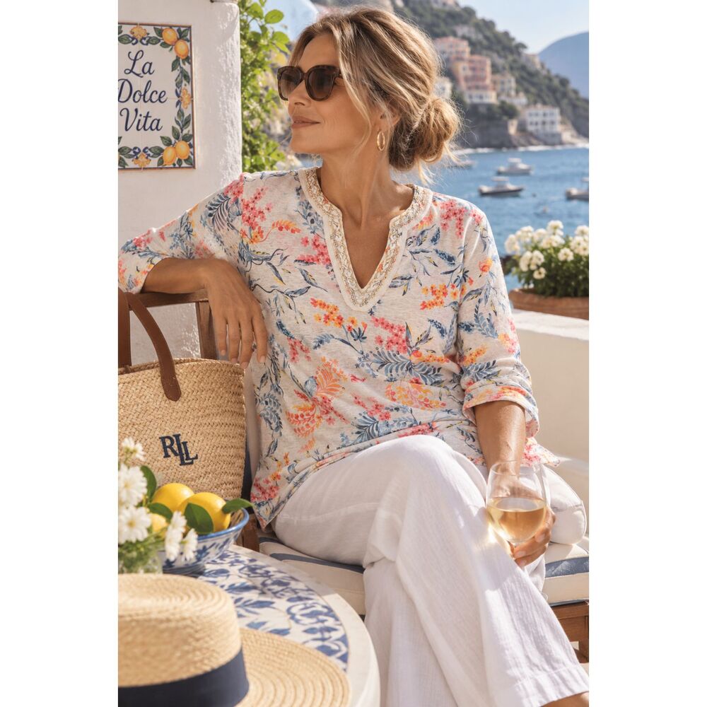 Chico’s Linen Floral Tunic Top Size 2 L Beaded Embellished 3/4 Sleeve Boho
